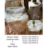 Çeyizlik Samina Model No 85693 Krem Dantelli Keten Masa Örtüsü Runner Seti 5 Parça