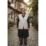 Çeyizlik Yelek, Düğmeli Anne Yeleği, Simli Yelek, Hediyelik Yelek, Gelin Simli Cepli Yelek - Krem