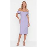 Ceylen Lila Korse Detaylı Midi Abiye Elbise - Vücuda Oturan Şık Gece Elbisesi