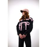 Ceylin Ceylan Pembe Peluş Detaylı Crop Oversize Kot Ceket - Pembe - Siyah