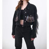 Ceylin Ceylan Renkli Püsküllü Crop Oversize Kot Ceket - M - Gökkuşağı