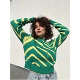 Ceyss Design Bisiklet Yaka Dalga Desenli Triko Kazak - Yeşil - Sarı - Standart