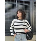 Ceyss Design Çizgili Crop Triko Kazak - Krem - Siyah - Standart