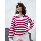 Ceyss Design Çizgili Gömlek Yaka Triko Kazak - Fuşya - Krem - Standart
