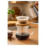 CEZVE HOME Borosilikat Cam V60 Dripper Seti Ahşap Standlı Filtre Kahve Demleme Sürahisi