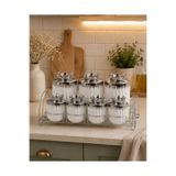 CEZVE HOME Taçlı Gümüş Desenli Porselen Baharat Takımı 7'li Set Metal Standlı Saklama Kavanozu