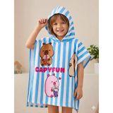 Cg Kids Capybara Karakter Baskılı Çizgili Kapüşonlu Erkek / Kız Çocuk Panço Plaj Ve Havuz Havlusu - Mavi Beyaz