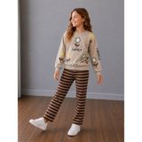 Cg Kids Çiçek Baskılı Sweatshirt ve Kahverengi Çizgili Eşofmanlı Kız Çocuk Bej&kahve Uyumu Harika Alt Üst 2'li Takım 2ip - 9 - 10 Yaş - Krem - Kahverengi