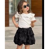 Cg Kids Everyday Baskılı Fırfır Kol Deyaylı Fitilli Basic Gül Işlemeli Siyah Balon Etek Kız Çocuk Alt Üst Takım - Siyah - Beyaz - 5 - 6 Yaş