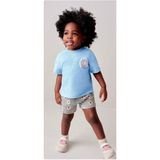 Cg Kids Kabartma Baskılı T-Shirt Müslin Çiçekli Şort Ikili Kız Çocuk Alt Üst Takım - 7 - 8 Yaş - Mavi - Gri