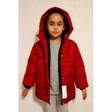 Cg Kids Kırmızı Yandan Cepli Fermuar Çıtçıt İçi Kürklü Şapkalı Unisex Mont