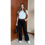 CGA Kadın Gabardin Pantolon Siyah Pantolon 66-10295 Beli Kemerli Bol Paça Licralı Gabardin Pantolon