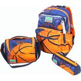 Ch 23776 Basketbol - 3' Lü Okul Çantası Seti - Sırt ve Beslenme Çantası + Kalemlik - 45x30x15 cm - Mavi - Turuncu