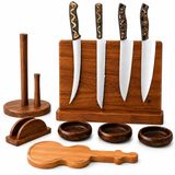 CH Woodline 4 Parça Profesyonel Mutfak Bıçak Seti – 4116 Alman Çelik, Verzalit Sap, Mıknatıslı Epoksi Standlı, Nusret Şef, Santoku, Guyuto, Ekmek Bıçağı + Ceviz Kase, Kesme Tahtası ve Peçete