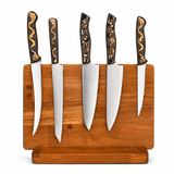 CH Woodline 5’li Profesyonel Şef Bıçak Seti (4116 Alman Çeliği) + Epoksi Mıknatıslı Stand ve 4140 Çelik Masat – Nusret, Santoku, Gyuto, Ekmek ve Utility Bıçağı | Ceviz Kase & Havlu Peçete Dahil