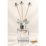 ChaCha Home 100 ml Cam Boş Oda Kokusu Şişesi Çubuklu Dekoratif Diffuser Şişesi Çiçek Detaylı - Şeffaf - Şeffaf-Gri Kapak