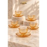 Chacha Home 12 Parça Yivli Cam Fincan Takımı 6 Kişilik Ayaklı Fincan ve Tabak Seti - Bal
