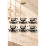 Chacha Home 12 Parça Yivli Cam Fincan Takımı 6 Kişilik Ayaklı Fincan ve Tabak Seti - Füme