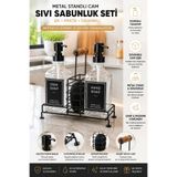 CHANCE GİFT Cam Sabunluk Seti Metal Standlı Süngerli Mutfak Deterjanlık Organizer 550 ML