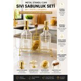 CHANCE GİFT Gold Renkli Cam Sabunluk Seti Metal Standlı Süngerli Mutfak Deterjanlık Organizer 550 ML