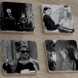 Charlie Chaplin Frida Kahlo Audrey Hepburn Marilyn Monroe Doğal Taş Bardak Altlığı 4'lü set - Natural Stone Coasters