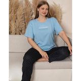 Charme Kadın Büyük Beden Bisiklet Yaka Milan Likralı Kısa Kol Pijama Takımı K601/249 - 1 Adet - Mavi - 2XL