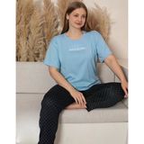 Charme Kadın Büyük Beden Bisiklet Yaka Milan Likralı Kısa Kol Pijama Takımı K601/249 - 1 Adet - Mavi - 4XL
