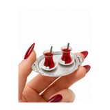 CharmFancy 2'Li Çay ve 1 Adet Tepsi Otantik Metalik Görünümlü Diorama Dollhouse Bebek Ev Eşya Aksesuar Obje Maket Minyatür