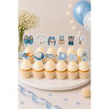 Charmira Store Erkek Bebek Cupcake Süsü 10+2 Adet Mavi Baby Shower Diş Buğdayı Parti Seti - Seri 2
