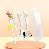 Chavin 304 Paslanmaz Çelik Maymun Bebek Çocuk Kaşık Çatal ve Chopstick Set CIN771 - Beyaz