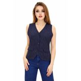 cheen Kadın Lacivert V Yaka Çizgili Önü Düğmeli Blazer Stil Yelek