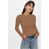 CHEISU Kadın Açık Kahverengi Uzun Kollu Bisiklet Yaka T-Shirt Bluz Kaşkorse Fitilli