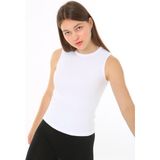 CHEISU Kadın Beyaz Sıfır Kol Bisiklet Yaka T-shirt Bluz Body Atlet Fitilli Kaşkorse - M