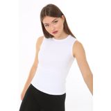CHEISU Kadın Beyaz Sıfır Kol Bisiklet Yaka T-shirt Bluz Body Atlet Fitilli Kaşkorse