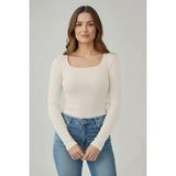 CHEISU Kadın Ekru Uzun Kollu Kare Yaka T-shirt Bluz Kaşkorse Fitilli