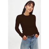CHEISU Kadın Kahverengi Uzun Kollu Bisiklet Yaka T-shirt Bluz Kaşkorse Fitilli