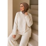 Cherry Butik Düğme Detaylı Şık Spor Tunik Pantolon İkili Triko Takım Bej S/M dugmelıtkch
