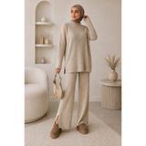 Cherry Butik Düğme Yırtmaç Detaylı Tunik Pantolon Tesettür Triko İkili Takım Bej S/M yırtcherry