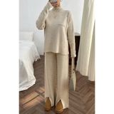 Cherry Butik Yırtmaçlı Tunik Pantolon Triko Takım Salaş Lüks Trend bej-krem L yırtmaclıcchh
