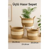 Cherry Collection Beyaz Şeritli Hasır Sepet 3 Boy Lüx Organizer, Saksı Sepeti, Dekoratif Sepet, Ev Dekoru