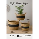 Cherry Collection Siyah Şeritli Hasır Sepet 3 Boy Lüx Organizer, Saksı Sepeti, Dekoratif Sepet, Ev Dekoru