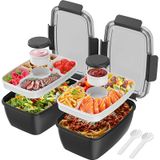 Cherrysea 2Pack Salata Öğle Yemeği Konteyneri, 4 Bölmeli Tepsi ile 75oz Salata Kaseleri, Erkekler için Çatallı Sızdırmaz Öğle Yemeği Kutusu, Kadın BPA İçermeyen Snack Konteyner Soslar için - Siyah