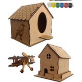 Chers Ahşap Maket 3'lü Set + Boya ve Fırça Hediyeli - Zorluk Seviyesi:1 Ahşap Maket 3'lü Set Kuş Evi, Uçak, Çiftlik Evi - Ahşap Desenli