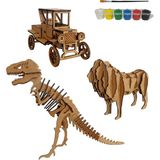 Chers Ahşap Maket 3'lü Set + Boya ve Fırça Hediyeli - Zorluk Seviyesi:4 Ahşap Maket 3'lü Set T-rex Dinazor, Aslan, Klasik Araba - Ahşap Desenli