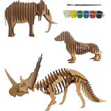 Chers Ahşap Maket 3'lü Set + Boya ve Fırça Hediyeli - Zorluk Seviyesi:5 Ahşap Maket 3'lü Set Styracosaurus Dinazor, Fil, Köpek - Ahşap Desenli