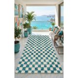Chess Kareli Kemik-Turkuaz Salon Oturma Odası Yatak Odası Koridor Makine Halısı Yolluk Shaggy - 120 x 450 cm