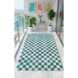 Chess Kareli Kemik-Turkuaz Salon Oturma Odası Yatak Odası Koridor Makine Halısı Yolluk Shaggy - 80 x 450 cm