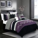 Chezmoi Collection Arden 7 Parça Modern Pileli Çizgili Nakışlı Zikzak Yatak Yorgan Seti (Kraliçe, Mor/Siyah/Gri/Beyaz)