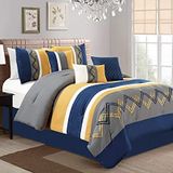 Chezmoi Collection Arden 7 Parça Modern Plili Çizgili İşlemeli Zikzak Yatak Yorgan Seti (Kraliçe, Lacivert/Gri/Sarı/Beyaz)