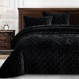 Chezmoi Collection Lüks Siyah Kadife Yorgan Büyük Boy Kral Seti, 3 Parça Peluş Eskitilmiş Kadife Yatak Tüm Sezon Hafif Yorgan Fırçalanmış Mikrofiber Ters Elmas Dikişli Kapitone